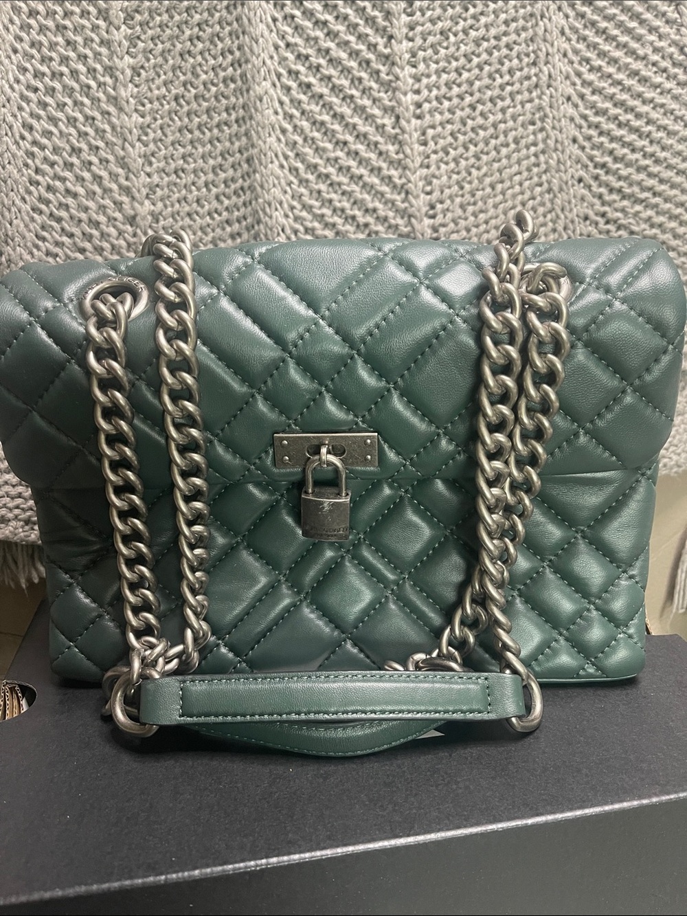 Kurt Geiger Quilted Teal Leather Shoulder Bag with Silver Chain